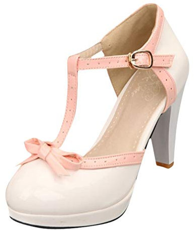 Lovouo Scarpe da donna Mary Jane in vernice con cinturino e fiocco, plateau e tacco quadrato di 9 cm, bianco, 38 EU