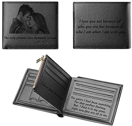 DEABOLAR Individuelle Foto-Brieftasche für Männer, Personalisierte Gravur-Brieftasche, Personalisierte Geschenke für Männer, Ehemann, Vater und Sohn (Schwarzer Horizontaler Stil)