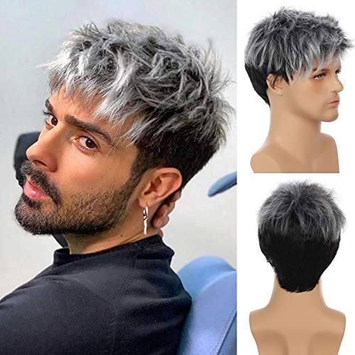 Black Grey Mens Wigs Short Hair Synthetic Layered Wigs with Fringe Cosplay Halloween Fancy Dress Costume Wig (Black Grey)