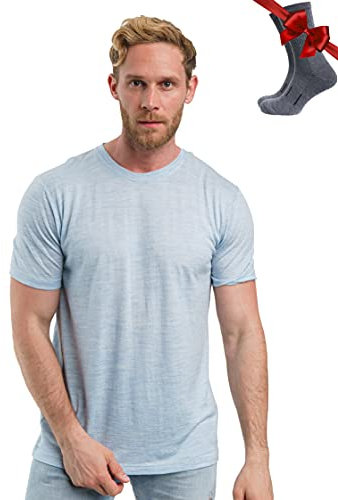 Premium Merino Shirt Herren Kurzarm - Thermooberteile 100% Merino Unterwäsche Herren + Wanderwollsocken (Arctic Blue, Medium)