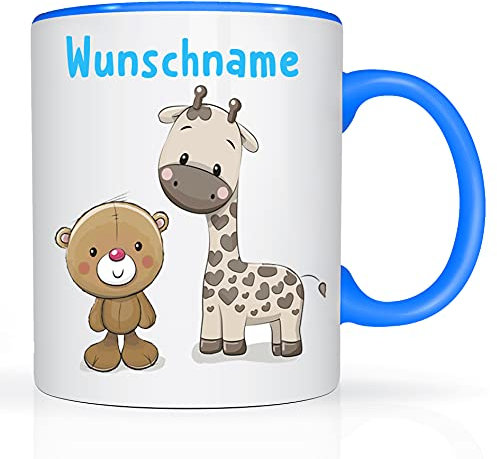 Tasse mit Namen und Teddy/Giraffen Motiv Bedruckt Namentasse Namensbecher Teddy und Giraffenmotiv für Jungen Kindertasse Keramiktasse Weiß/Blau Geschenktasse Geschenkbecher Keramik mit Druck 330ml