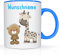 Tasse mit Namen und Teddy/Giraffen Motiv Bedruckt Namentasse Namensbecher Teddy und Giraffenmotiv für Jungen Kindertasse Keramiktasse Weiß/Blau Geschenktasse Geschenkbecher Keramik mit Druck 330ml