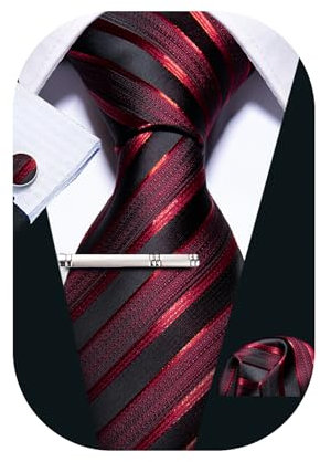Barry.Wang Herren Seide Krawatten Set formell Einstecktuch Manschettenknöpfe Krawattenklammer klassisch gestreift Paisley Krawatte Set Business Hochzeit, Schwarz und Rot glänzend, Einheitsgröße