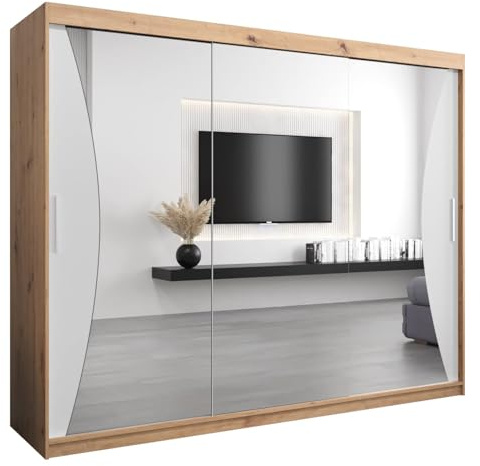 MEBLE KRYSPOL Kleiderschrank mit Spiegel Monaco - Garderobenschrank - Schrank Schlafzimmer - Mehrzweckschrank DREI Schiebetüren - Regalen - Flur Möbel - Kleiderstange Schrank - Allzweckschrank