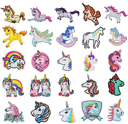 Bügelbilder Bügelflicken Kinder 25 Stück Flicken zum Aufbügeln Aufnäher Patches Kinder für Textilien Bügelaufkleber Aufbügel Aufbügelbilder Hosenflicken Bügelpatch Mädchen Einhorn Aufbügelflicken
