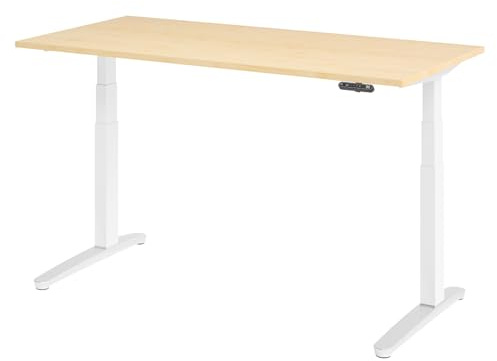 bümö elektrisch höhenverstellbarer Schreibtisch 160x80 cm in Ahorn, Gestell in weiß/alu - Designer Bürotisch mit Memoryfunktion, elektrischer Stehschreibtisch höhenverstellbar