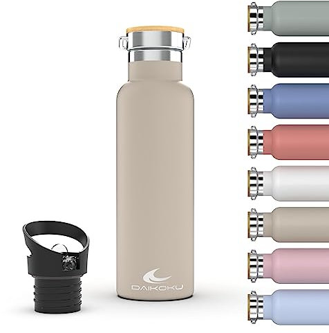 Daikoku Bouteille, Bouteille Thermique en Acier Inoxydable à Double Paroi, Thermos Maintient les Boissons Froides ou Chaudes Pendant des Heures, Deux Bouchons, Beige Pastel, 1 L