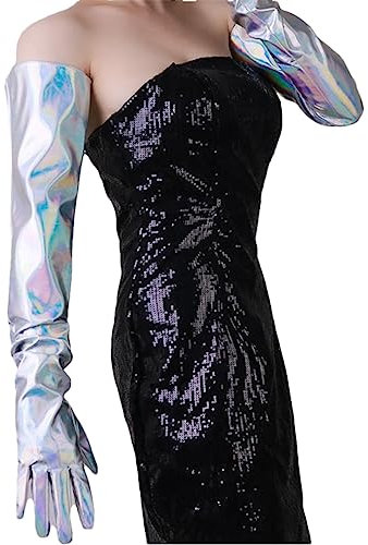 Damen Lange Lederhandschuhe Kunstleder Slim Fit Sexy Lackleder Lila Damen Handschuhe 70cm Bunt Silber M