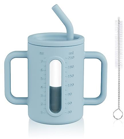 HOTUT Aprendizaje Bebé y Niños Pequeños, Vaso Entrenamiento con Silicona Pajita, Taza de silicona para sorber con Asas, Antiderrame Libre de BPA, para aprender a beber, Lote de 210ml