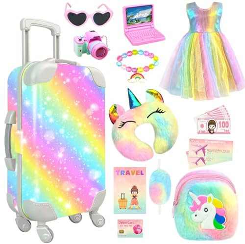 19-teiliges Puppenzubehör-Set für Mädchen, 45,7 cm, Gepäck, Reise-Spielset mit Kleidung, Kamera, Reisekissen, Tasche, Kleid, Brille, Sachen für 45,7 cm große Puppe – Weihnachts- und