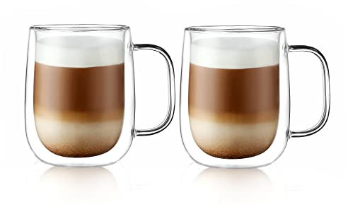 CNGLASS Large Double Wall Glass Coffee Mug 15.2oz(450ml),Clear Insulated Glass Espresso Cup with Big Handle,Clear Mug for Latte,Cappuccino,Tea Bag,Hot and Cold Beverages,Set of 2