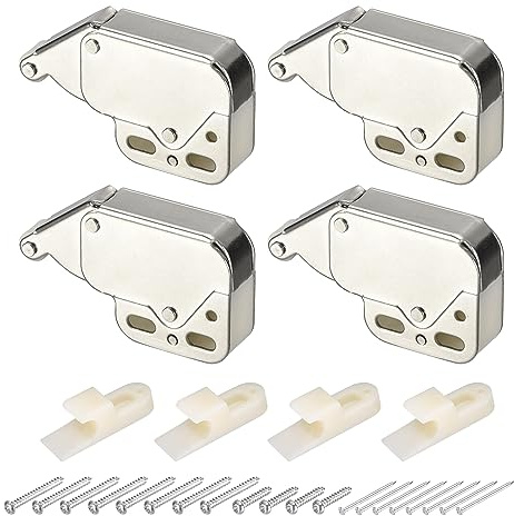 QUARKZMAN Chiusure Spingere per Aprire Porta in Ferro 48mm Argento 4Set | Serrature Automatiche a Molla con Apertura a Pressione, Gancio in Tocco per Porte di Armadi e Guardaroba
