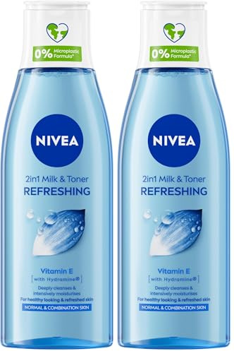 NIVEA 2-in-1 Refreshing Milk & Toner (200ml), Face Cleanser with Vitamin E and Hydramine, Deeply Cleanses, Tones, and Intensively Moisturises Skin, Make-Up Remover (Pack of 2)