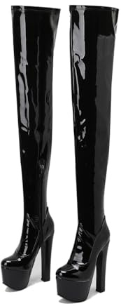 ENWIND Damen Plateau Overknee Stiefel Warme Winter Lange Stiefel Mit Stämmiger Absatz Seitlichem Reißverschluss Oberschenkel Hohe Stiefel,Schwarz,46 EU
