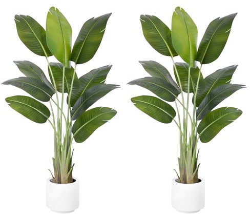 ZEEOZE 2Pc Plante Artificielle Oiseau de Paradis 150cm Bananier Artificiel avec 10 Feuilles pour Plantes Artificielles Interieur Exterieur avec Pot Blanc pour Decoration Maison en Salon Bureau Jardin