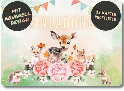 celebr8te 12x Waldtier Einladungskarten - Für den Kindergeburtstag von Mädchen - Tiere aus dem Wald Geburtstagseinladungen inkl. Messenger Bild & Urlaubsgutschein