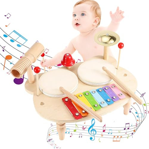 Schlagzeug aus Holz für Kinder, Kinderspielzeug Holzspielzeug, Trommel Set, Xylophon für Kinder, 10 in 1 Musikinstrumente, Montessori Spielzeug, Geschenke für 1 2 3 4 5 Mädchen Jungen