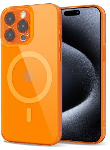 Svanove for iPhone 15 Pro Case Clear Compatible with Magsafe, Fluorescent Transparent Magnetic Magnet Mag Case, Slim Thin Bright Silicone Grip & Shockproof Bumper Camera Cover, Neon Orange