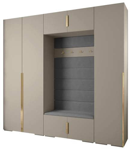 MEBLE KRYSPOL Inova 1 Möbelset - Moderne Garderobe - für Schlafzimmer, Wohnzimmer, Flur, Kinderzimmer - Ankleidemöbel - 236,7x250x47cm - Kaschmir, Paneele Manila 16, Handgriff Gold