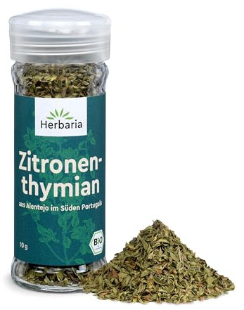 Herbaria Zitronenthymian bio 10g Streuer – Bio Zitronenthymian getrocknet und gerebelt – Bio-Kräuter - Bio-Gewürz – mediterrane Kräuter - Premium Bio-Qualität - im praktischen Glas-Gewürzstreuer