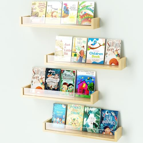 NiHome Holz und Acryl Wandregal Kinder - 4er Set Bücherregal Kinderzimmer, Acryl Klarsicht-Front für Sichere Buchaufbewahrung, Ideal für Bücher und Spielzeug,Kinderzimmer, Spielzimmer und Babyzimmer