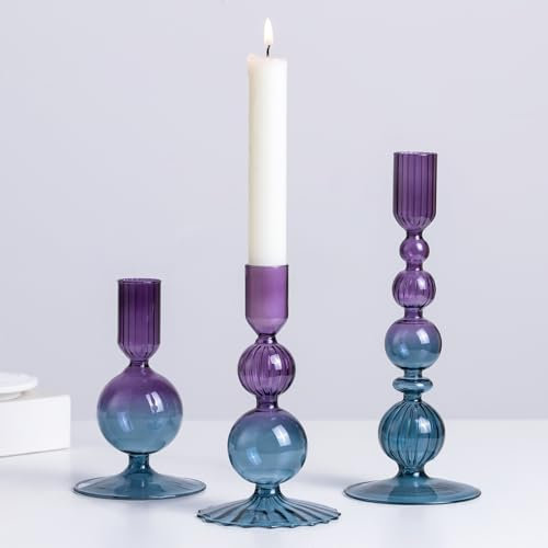 Glasseam Kerzenständer Glas Stabkerzenhalter Bunt: 3er Set Kerzenhalter Stabkerze Farbig Deko Kerzenhalter für Stabkerzen Lila Blau Kerzenständer Stabkerze für Wohnzimmer Esstisch Deko