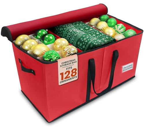 Pelle & Sol Christmas Bauble Storage Box - Ornament Storage with Dividers - Holds 128 Ornaments Christmas Decorations - Tear-Proof Fabric, Sturdy, & Multipurpose - Christmas Decoration Storage (Red)