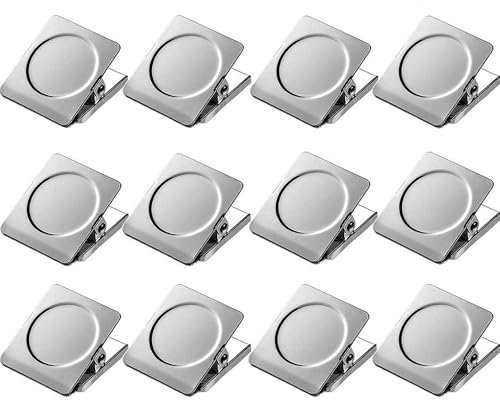 Magnetic Clips, 12 Pieces Heavy Duty Square Magnet Clips for Office Classroom Whiteboard Fridge Paper Hanging, 1.2 inch Strong Magnetic Metal Clips for Refrigerator Cruise Cabins Clipping Photo