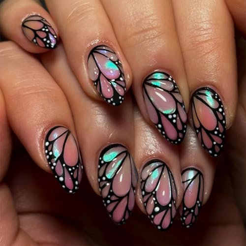 GlamRays 24 pieces almond press on nails, medium press on nails, almond shape with butterfly design, 3D adhesive nails