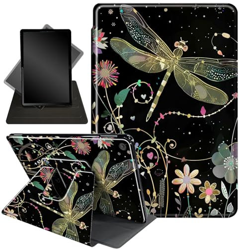 for Amazon Fire HD 10 Tablet (2017 and 2019 Releases,with 7th and 9th Generations) Case,360 Degree Rotating Stand Smart Protective Cover Case,for New Fire HD 10 10.1 inch,Dragonfly Wildflowers
