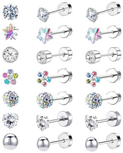 7 Pairs Titanium Earrings for Girls - Hypoallergenic Screw Back Studs for Kids and Women