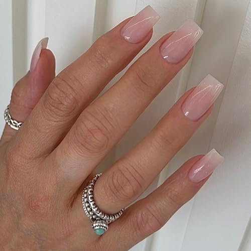 24PCS Short Square Press on Nails - French Tip False Nails - Light Gradient White Pink Fake Nails with Glue - Reusable Glossy Full Cover Stick on Nail for Women Girls
