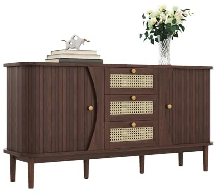 YEHTOKHOME Buffet,Meuble en rotin avec 3 tiroirs,Commode avec Portes coulissantes,Meuble Multifonctionnel avec Espace de Rangement,organizzatore avec Pieds en Bois Massif (Naturel)