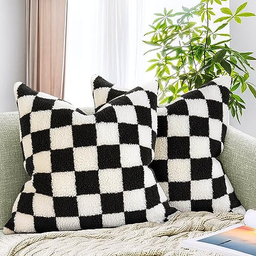 AmHoo 2er Set Dekorative Kissenbezug Schachbrett Dekokissen Sofakissen Luxus Super Sanft Kunstpelz Wolle Set Fall Kissen für Couch Sofa Schlafzimmer 50x50 cm Schwarz