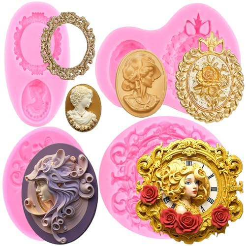 RFGHAC Cameo with Picture Frame Silicone Moulds Lady Avatar Fondant Moulds Vintage Photo Frame Chocolate Moulds for Cake Decorating Gum Paste Candy Polymer Clay Set of 4