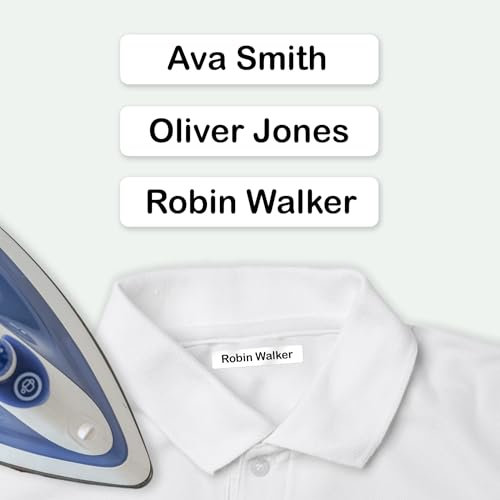 EASY2NAME Iron on Name Labels - Personalised Kids Clothing Label. Permanent Ink and Flexible Material. Washing Machine and Dryer Safe. Size: 9mm x 52mm. (Black, Medium (50))