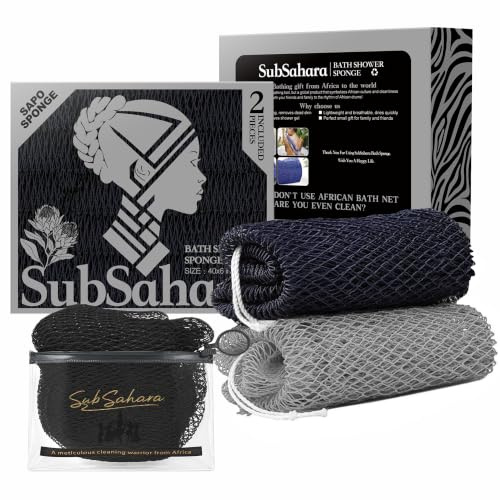 SubSahara Authentic African Net Sponge, 2 Pack 45-Inch Exfoliating Bath Sponge and Shower Loofah for Body and Back, Colorfast Quick-Dry Knotted Mesh Scrubber with Travel Pouch (Black & Grey)
