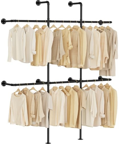 Yawinhe Kleiderstange für die Wand, Offener Industrieller Kleiderschrank mit Ablagen, Kleiderständer Industrierohr, zum Schlafzimmer, Aufhängen von Kleidung, Schwarz, YMG102B