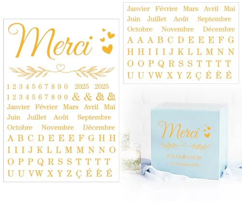 2 Feuilles Stickers Urne Mariage Autocollant Personnalisés Merci Mois Chiffres Lettres Feuilles Cœur Sticker Cagnotte Boîte de Mariage Décoration DIY pour Accueillez les Invités Fête Mariage Cérémonie