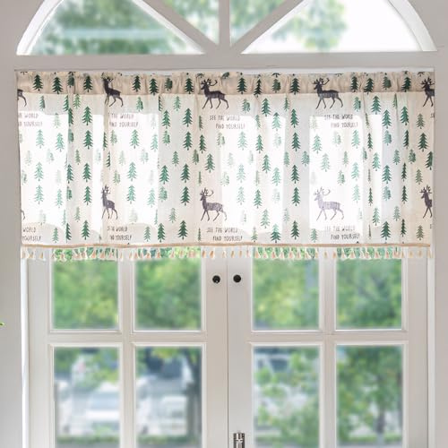 Ausing Vintage Floral Window Vorhang Semi-Transparent Leinen Like Panel Kurzer Vorhang Landhaus Bauernhof Badezimmer, Grün, 150×61 cm