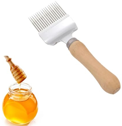 Bustlwor Biodlargaffel i rostfritt stål med handtag, bihonung deodorkulerande gaffel för honungsextraktion (original träfärg)