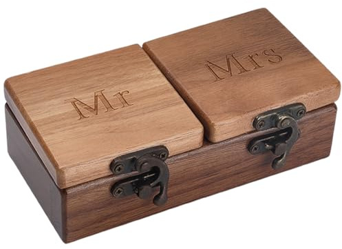 Beebeecraft Scatola Porta-Anello in Legno Mr And Mrs Rettangolare da 7.9x14x4.5cm Color Cammello Vintage in Legno Doppia per Matrimonio San Valentino Fidanzamento Proposta Espositore O Organizer
