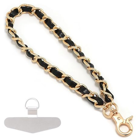 Muorruo Metal Wrist Strap for Mobile, Universal Phone Lanyard with Hold Tab, Hands-Free Anti-Theft Phone Chain Bracelet, Leather Phone Charm, Black + Gold