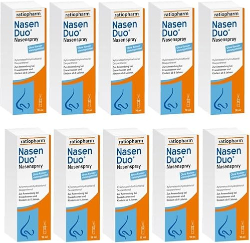 Nasenduo Nasenspray 10x10ml für Erwachsene mit Xylometazolin und Dexpanthenol – Abschwellung der Nasenschleimhaut bei Schnupfen, abschwellendes Spray ohne Konservierung I mit Pharmaperle Duschgel