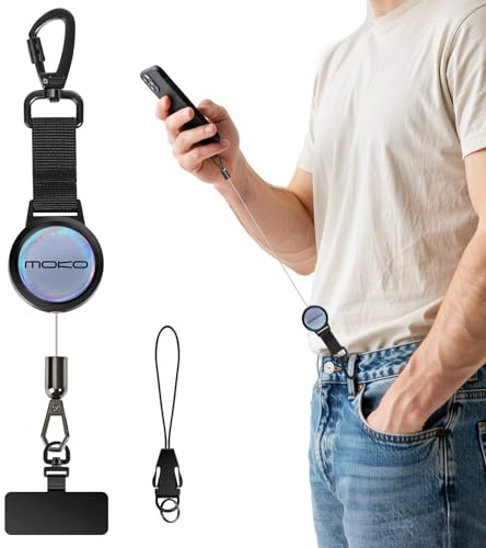 MoKo Anti-Theft Phone Lanyard with Retractable Steel Line | Lockable anti-drop phone strap with 360° tether tab for outdoor activities, Black&Silver