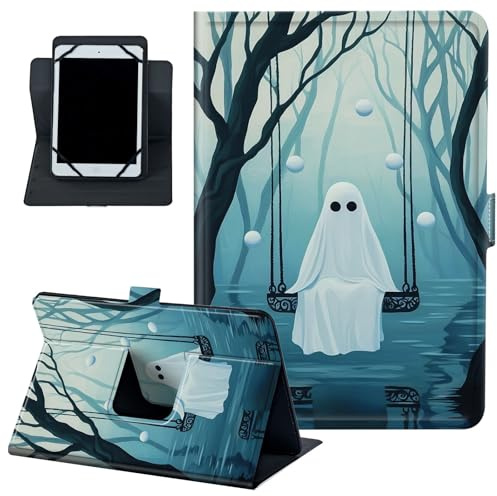 Universal Tablet Case 8–9 Inch, PU Leather Folio Stand Cover, 360° Rotating Kickstand Protective Case with Multi-Angle Viewing for Android Tablets，Ghost Sitting on The Swing