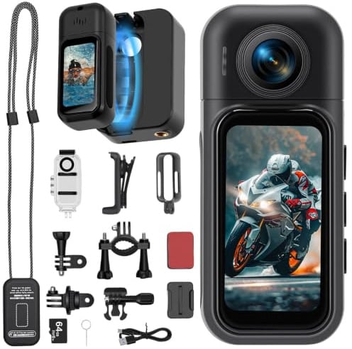 VeftBltrem Mini Action Cam mit 180° Rotierendem Objektiv, 1080P, Wasserdicht 30m, 1,47 Touchscreen, Body Cam für Vlog