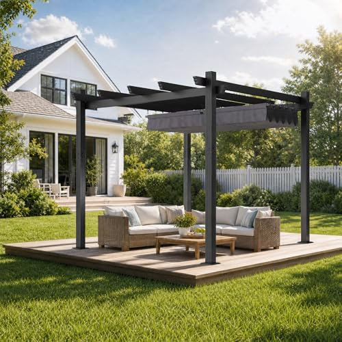 JUMMICO Aluminium Pergola 3x3 m mit Schiebedach, Gartenpavillon Pavillon wasserdicht stabil Winterfest, Sonnenschutz für Garten Terrasse & Balkon, schützt vor Sonne, Regen, langlebig, Grau