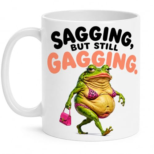 SASSY SIPS Funny Sagging but Still Gagging, 11oz, Microwave and Dishwasher Safe, Hilarious Gift, Dual-Sided Ceramic Mug, Adult Humour, Frog Gag Cup