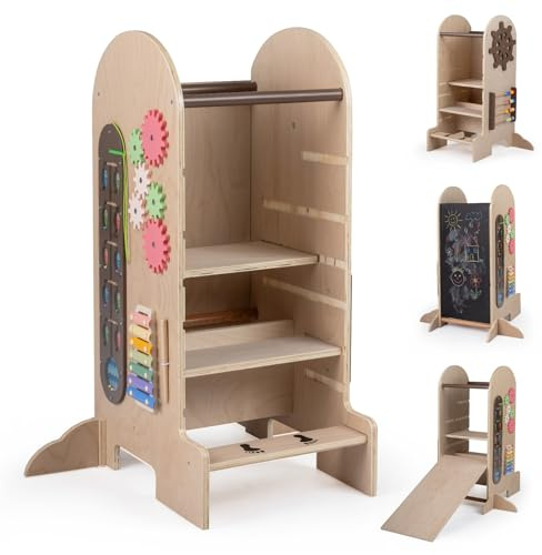 COSTWAY Torre Montessoriana per Bambini 3+ Anni, Torre di Apprendimento con Lavagna, Scivolo, Sgabello e Giochi, 5 in 1 Scala Regolabile in Altezza in Legno, Scala Sicura per Cucina e Bagno